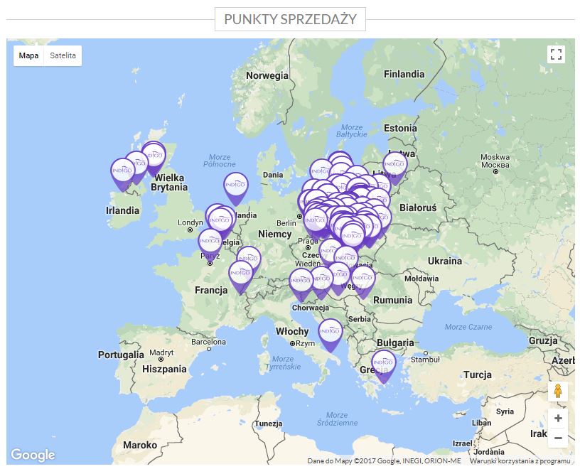 Mapa pokazuje punkty sprzedaży Indigo na świecie